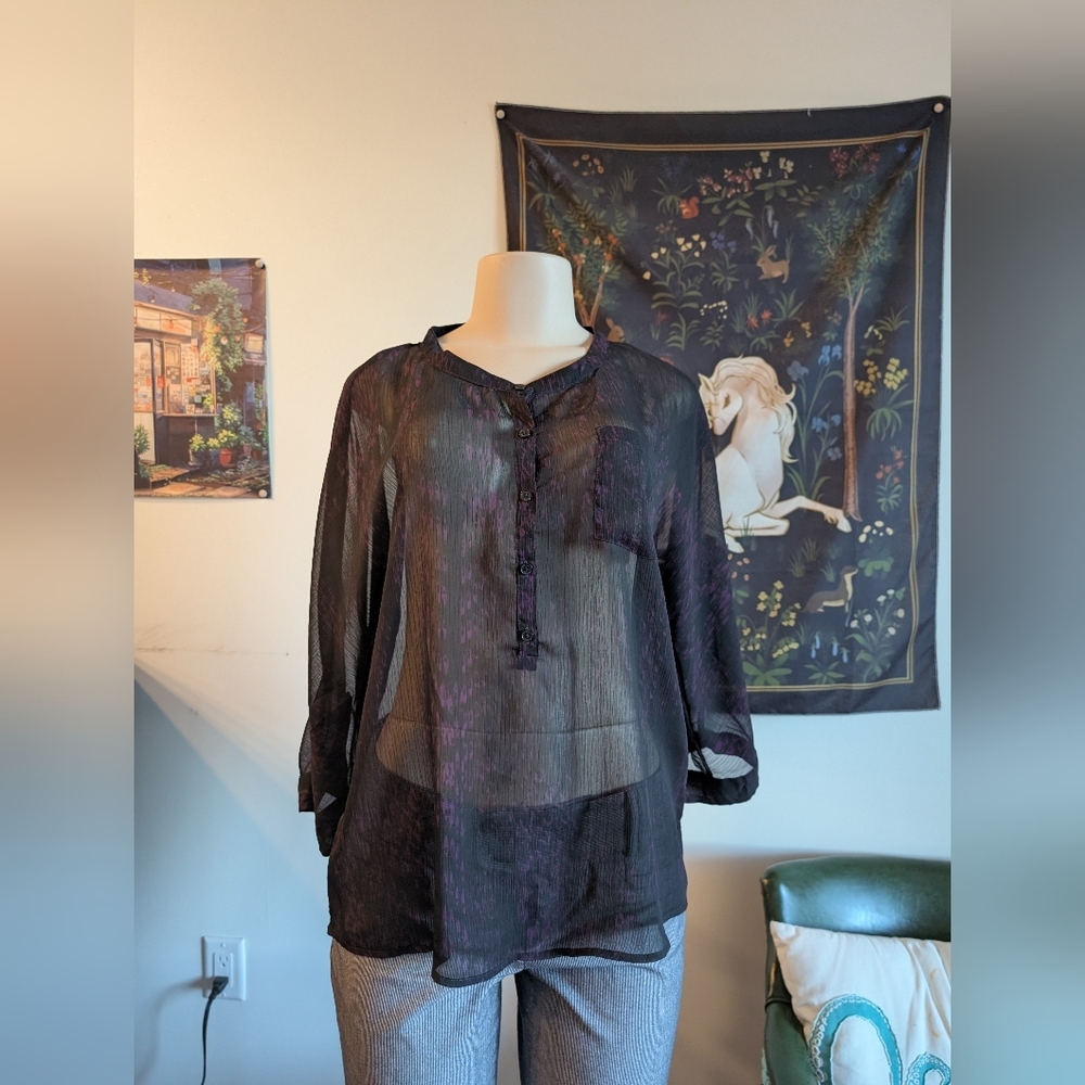 Express Purple And Black Button Down Shirt Sheer Size Medium‎
